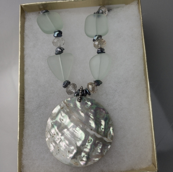 Abalone Shell SeaGlass Necklace Unique Beautiful Front & Back Handmade w. Box - Picture 4 of 8